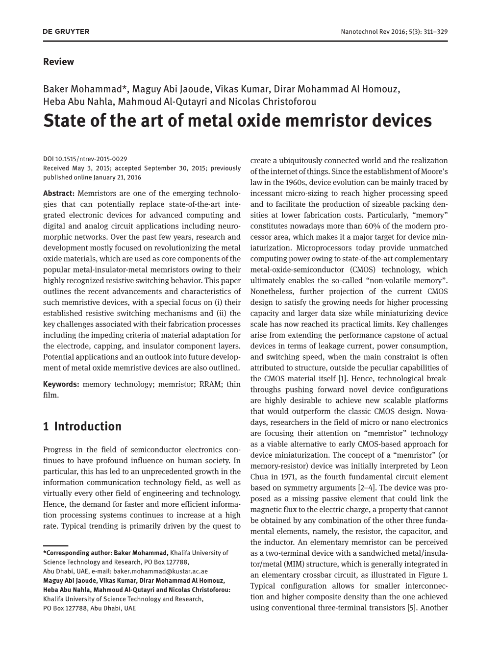 State of the Art of Metal Oxide Memristor Devices