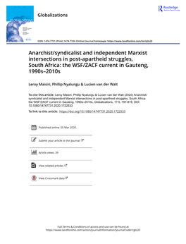 Anarchist/Syndicalist and Independent Marxist Intersections in Post-Apartheid Struggles, South Africa: the WSF/ZACF Current in Gauteng, 1990S–2010S