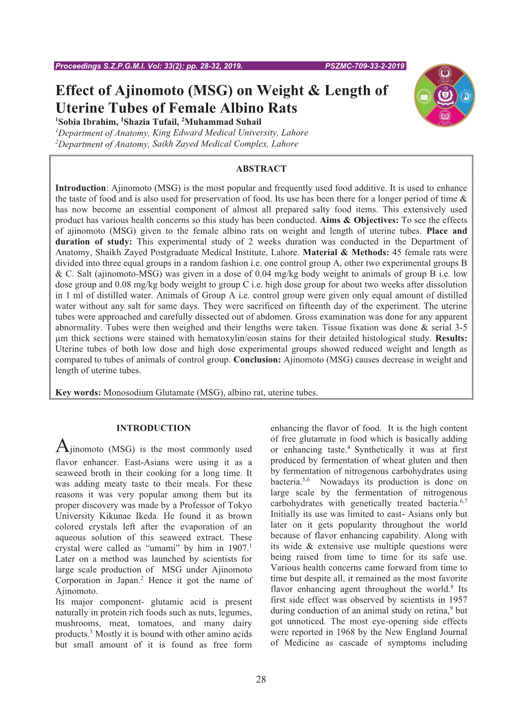 Effect of Ajinomoto (MSG) on Weight & Length of Uterine Tubes of Female