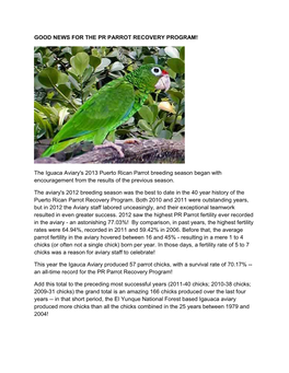 The Iguaca Aviary's 2013 Puerto Rican Parrot Breeding Season Began with Encouragement from the Results of the Previous Season