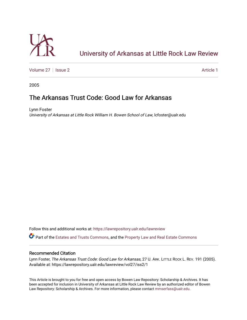 The Arkansas Trust Code: Good Law for Arkansas