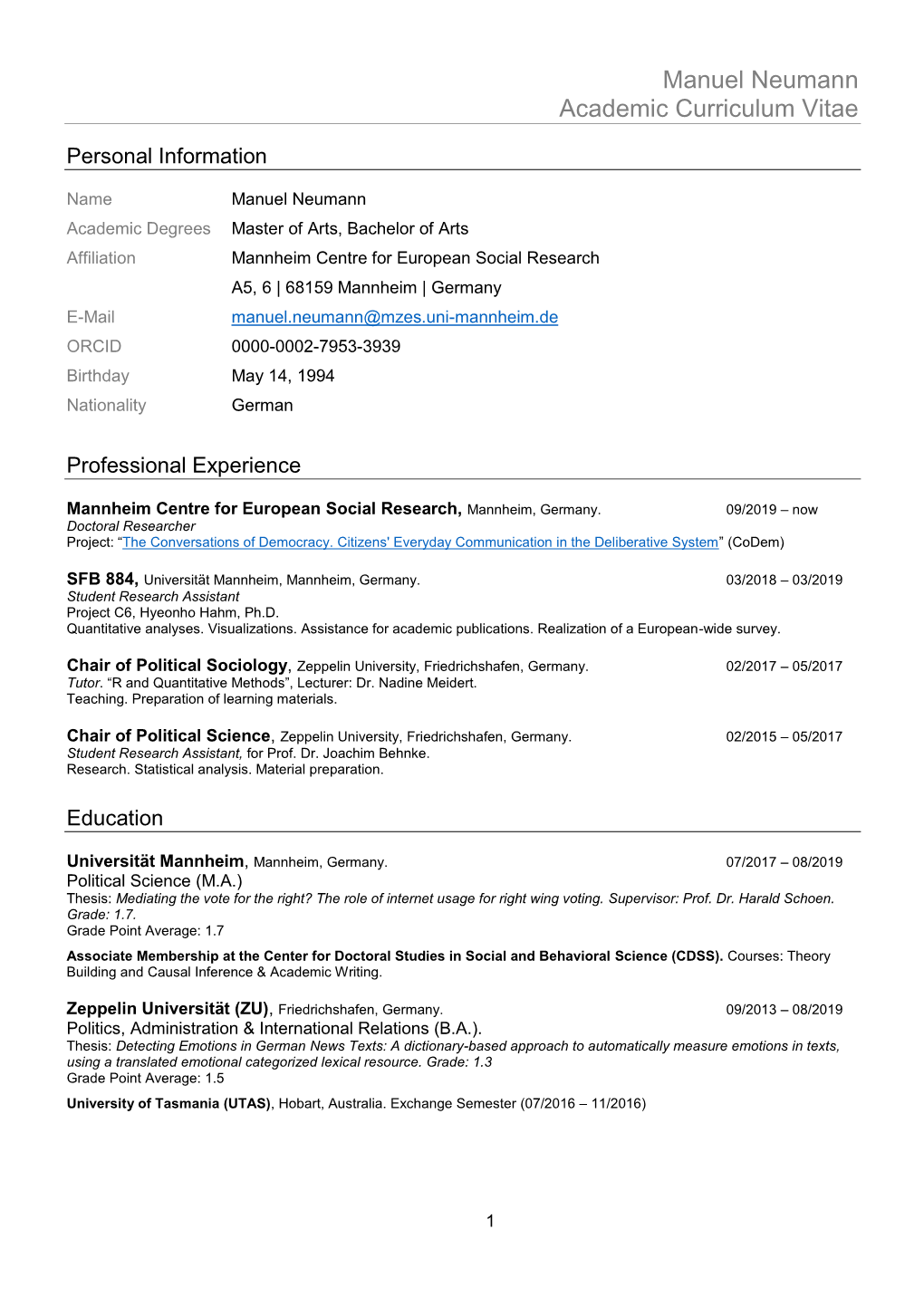 Manuel Neumann Academic Curriculum Vitae