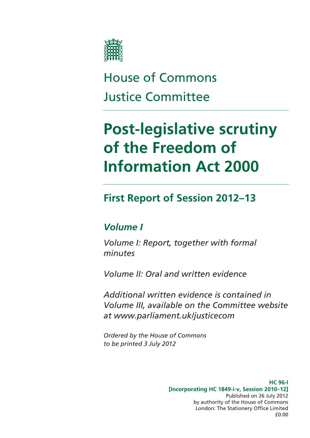 Post-Legislative Scrutiny of the Freedom of Information Act 2000