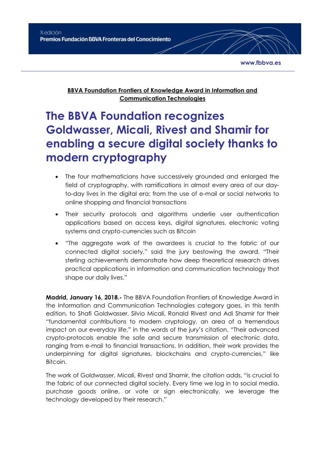 The BBVA Foundation Recognizes Goldwasser, Micali, Rivest and Shamir for Enabling a Secure Digital Society Thanks to Modern Cryptography