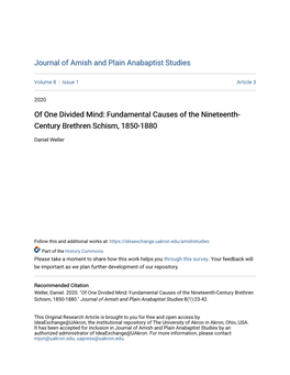 Fundamental Causes of the Nineteenth-Century Brethren Schism, 1850-1880." Journal of Amish and Plain Anabaptist Studies 8(1):23-42