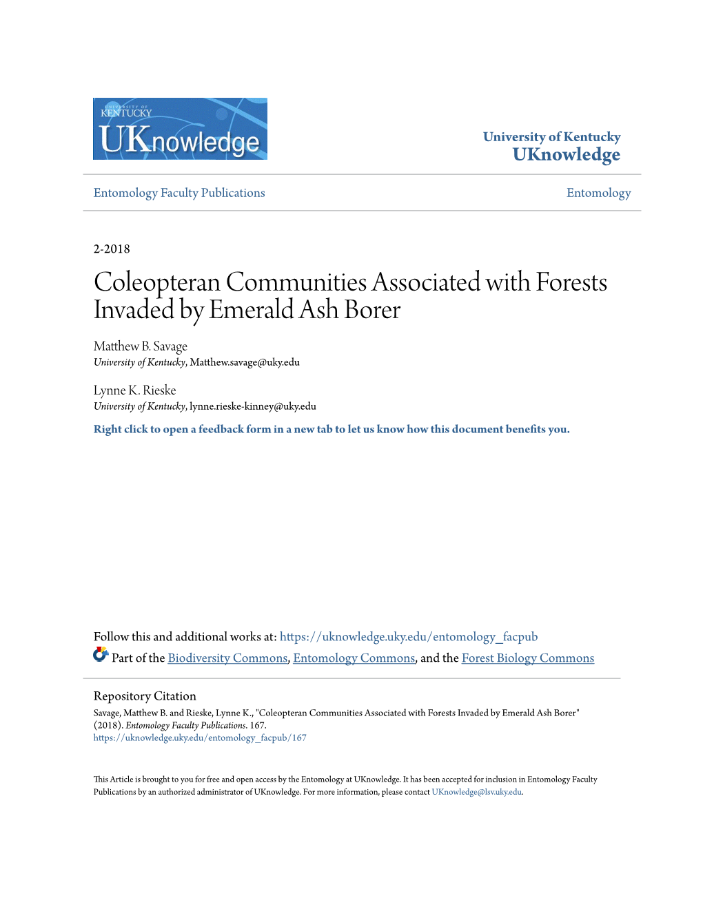 Coleopteran Communities Associated with Forests Invaded by Emerald Ash Borer Matthew .B Savage University of Kentucky, Matthew.Savage@Uky.Edu