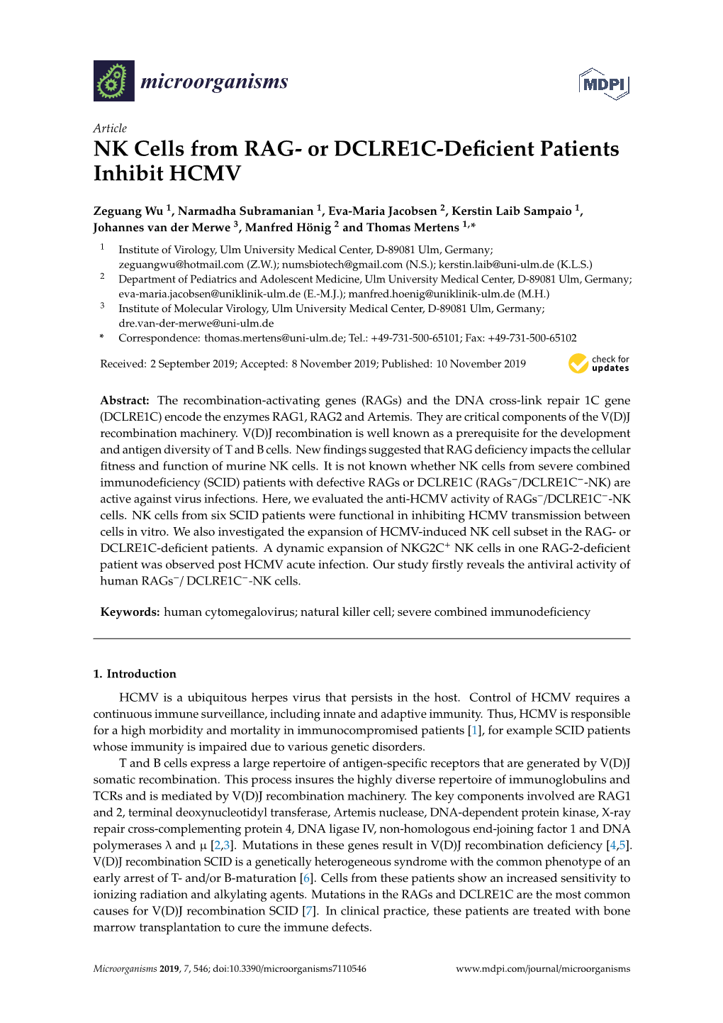 NK Cells from RAG- Or DCLRE1C-Deﬁcient Patients Inhibit HCMV