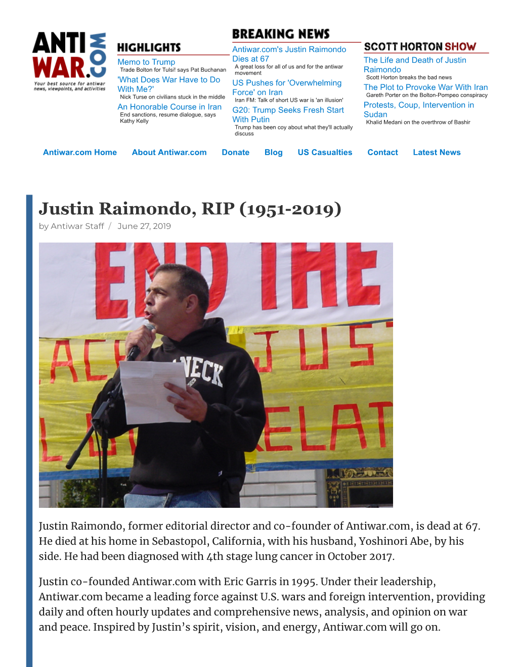 Justin Raimondo, RIP (1951-2019) by Antiwar Staff / June 27, 2019