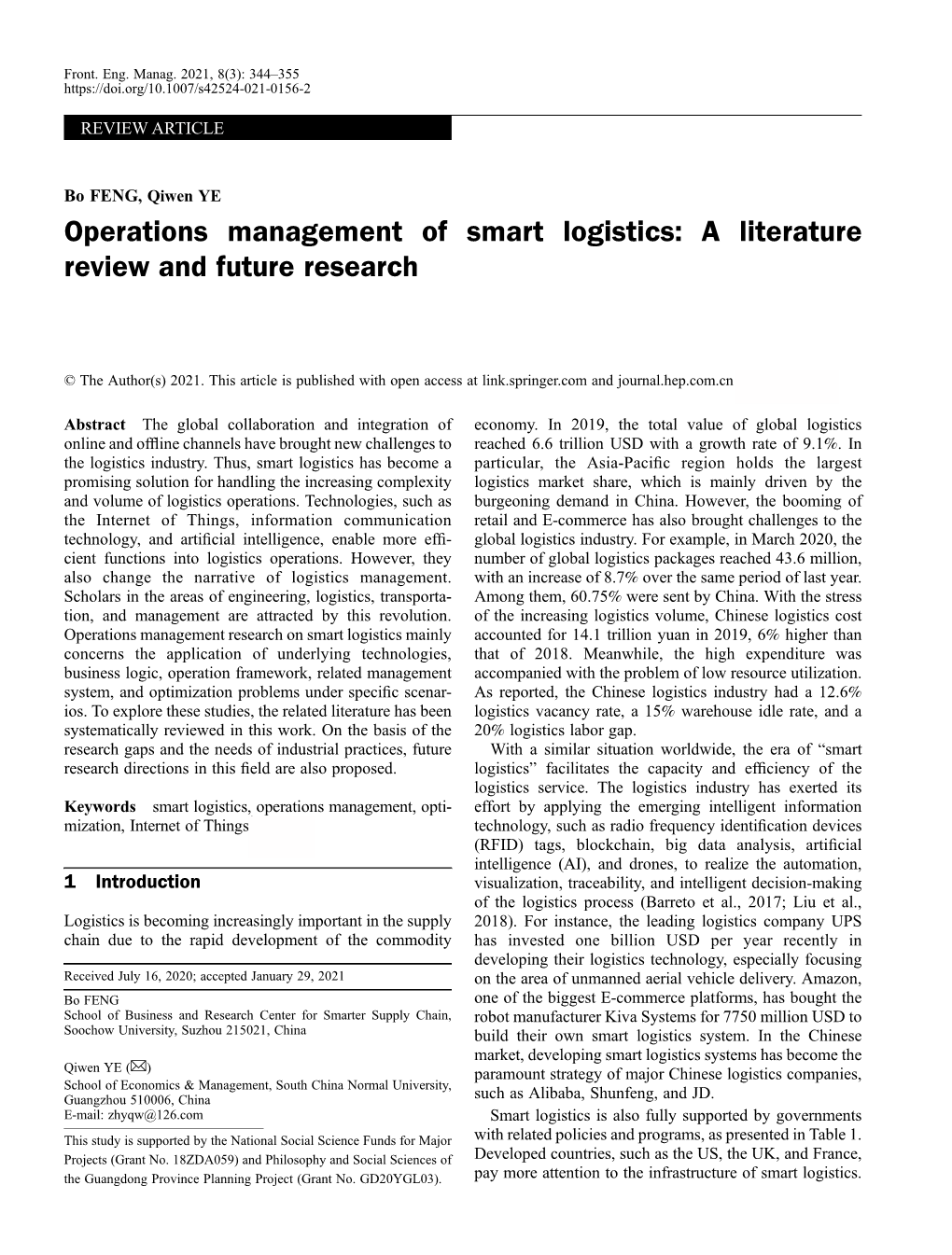 Operations Management of Smart Logistics: a Literature Review and Future Research