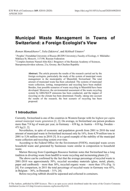 Municipal Waste Management in Towns of Switzerland: a Foreign Ecologist’S View