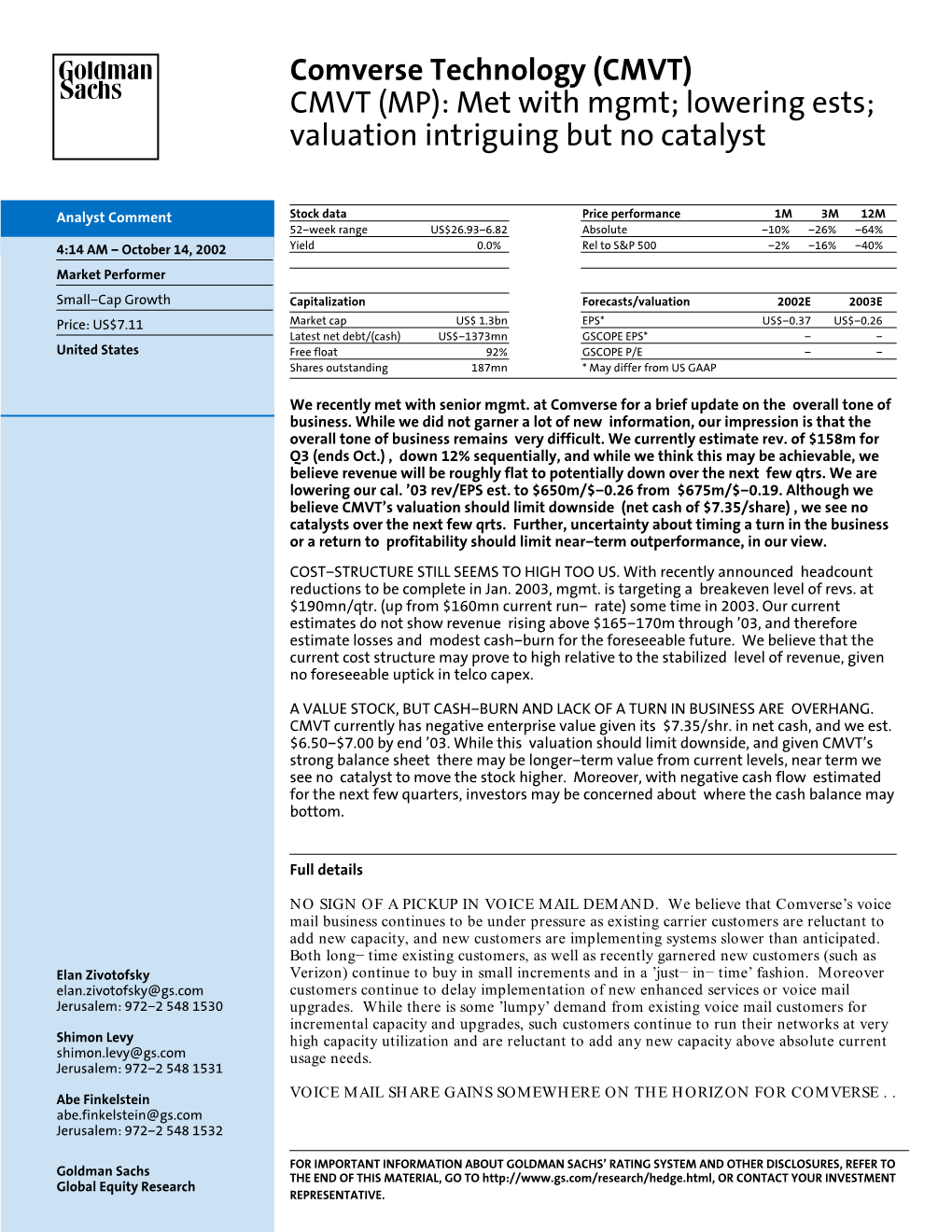 CMVT (MP): Met with Mgmt; Lowering Ests; Valuation Intriguing but No Catalyst