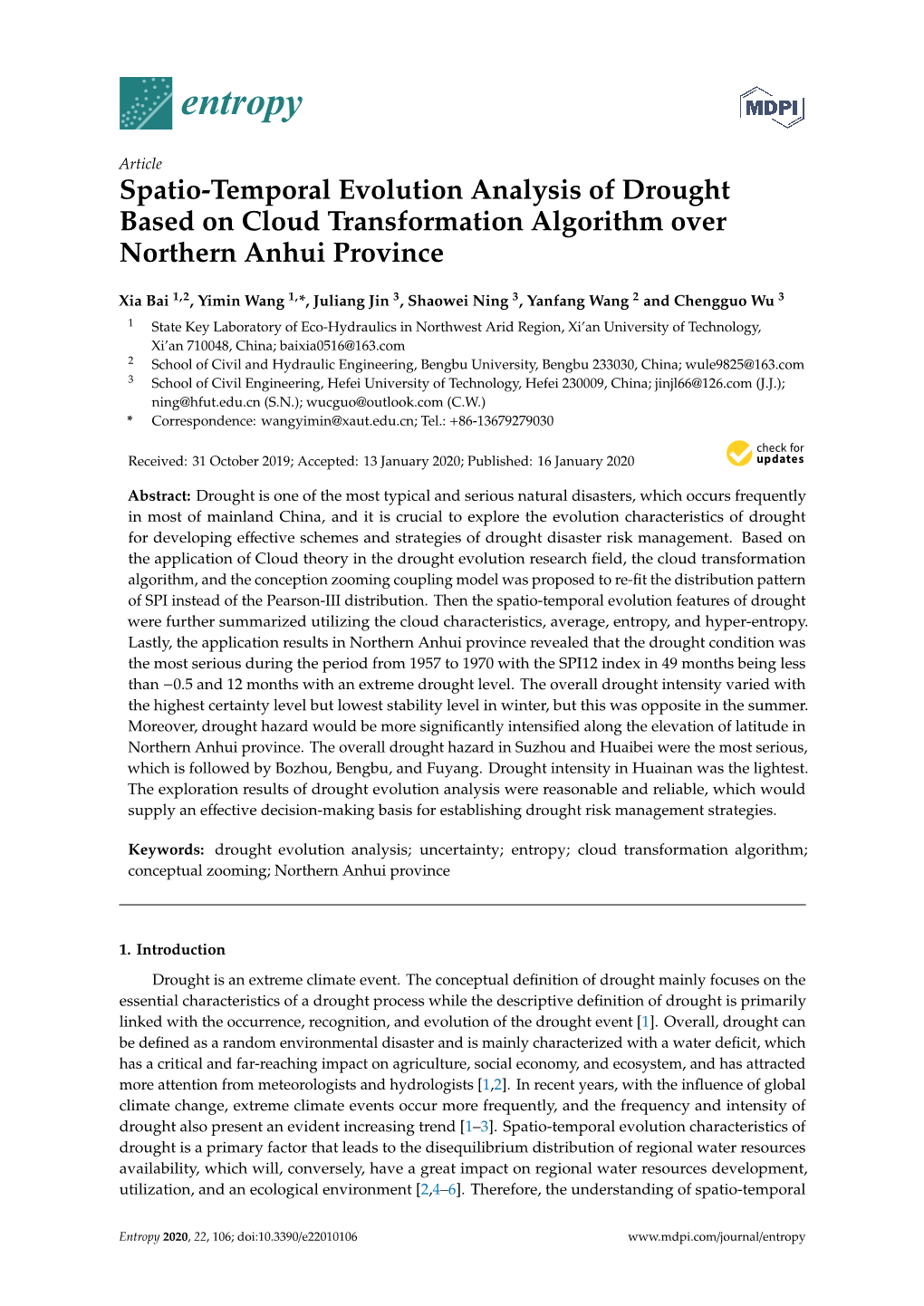 Spatio-Temporal Evolution Analysis of Drought Based on Cloud Transformation Algorithm Over Northern Anhui Province