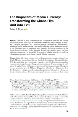 The Biopolitics of Media Currency: Transforming the Ghana Film Unit Into TV3 Peter J