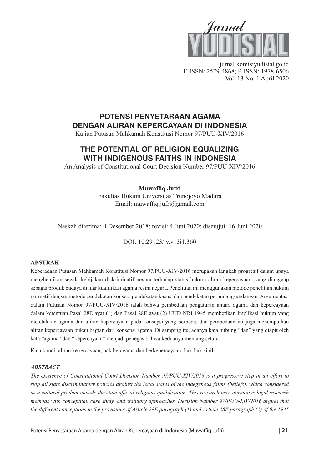 POTENSI PENYETARAAN AGAMA DENGAN ALIRAN KEPERCAYAAN DI INDONESIA Kajian ...