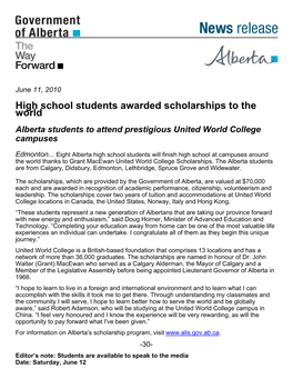 High School Students Awarded Scholarships to the World Alberta Students to Attend Prestigious United World College Campuses