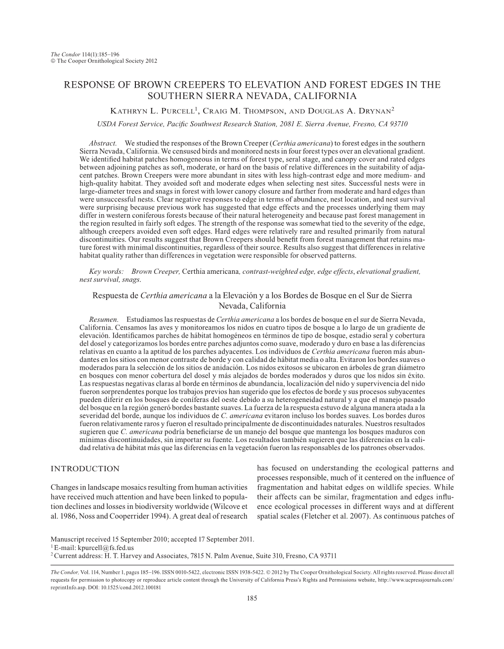 Response of Brown Creepers to Elevation and Forest Edges in the Southern Sierra Nevada, California