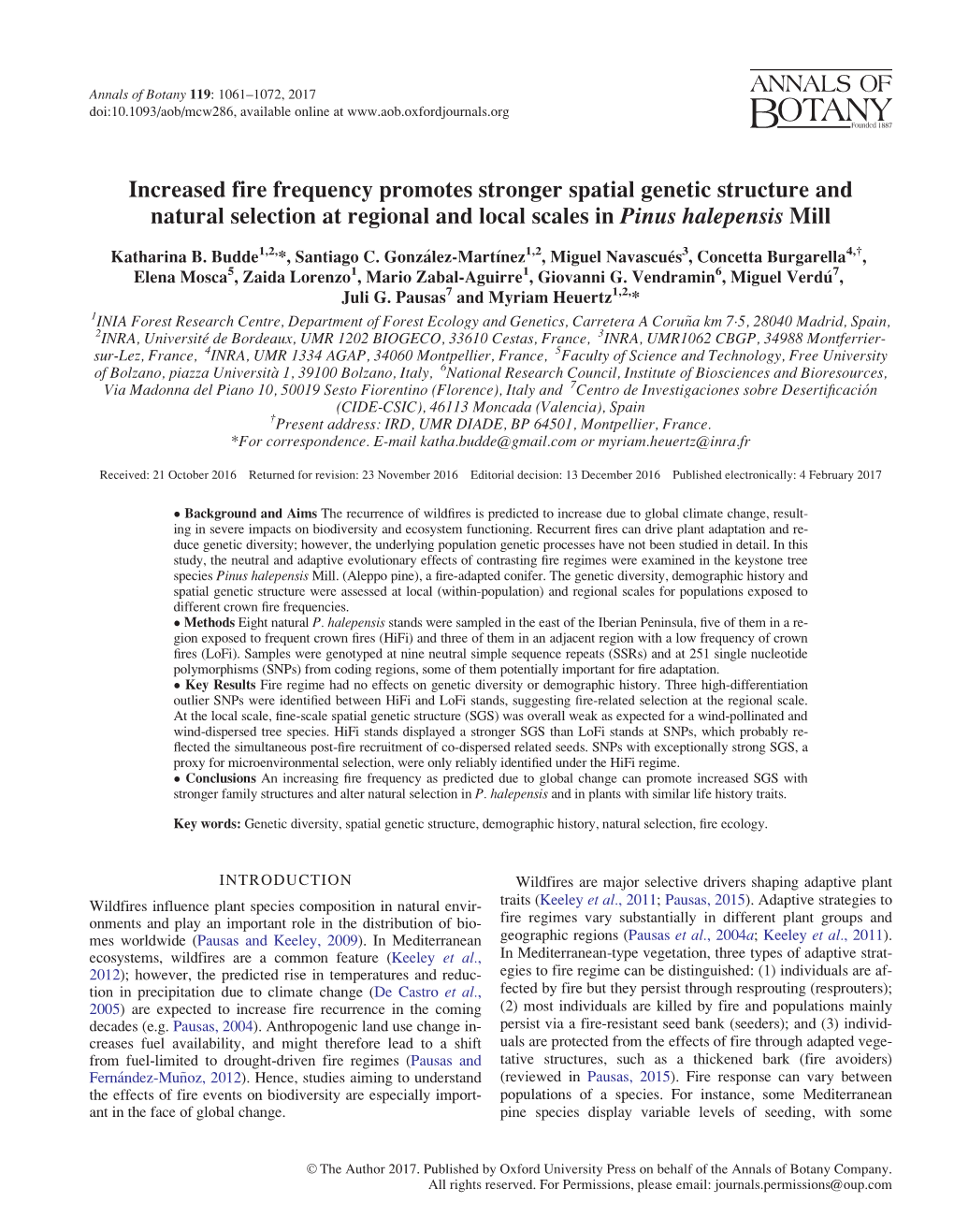 Increased Fire Frequency Promotes Stronger Spatial Genetic Structure and Natural Selection at Regional and Local Scales in Pinus Halepensis Mill