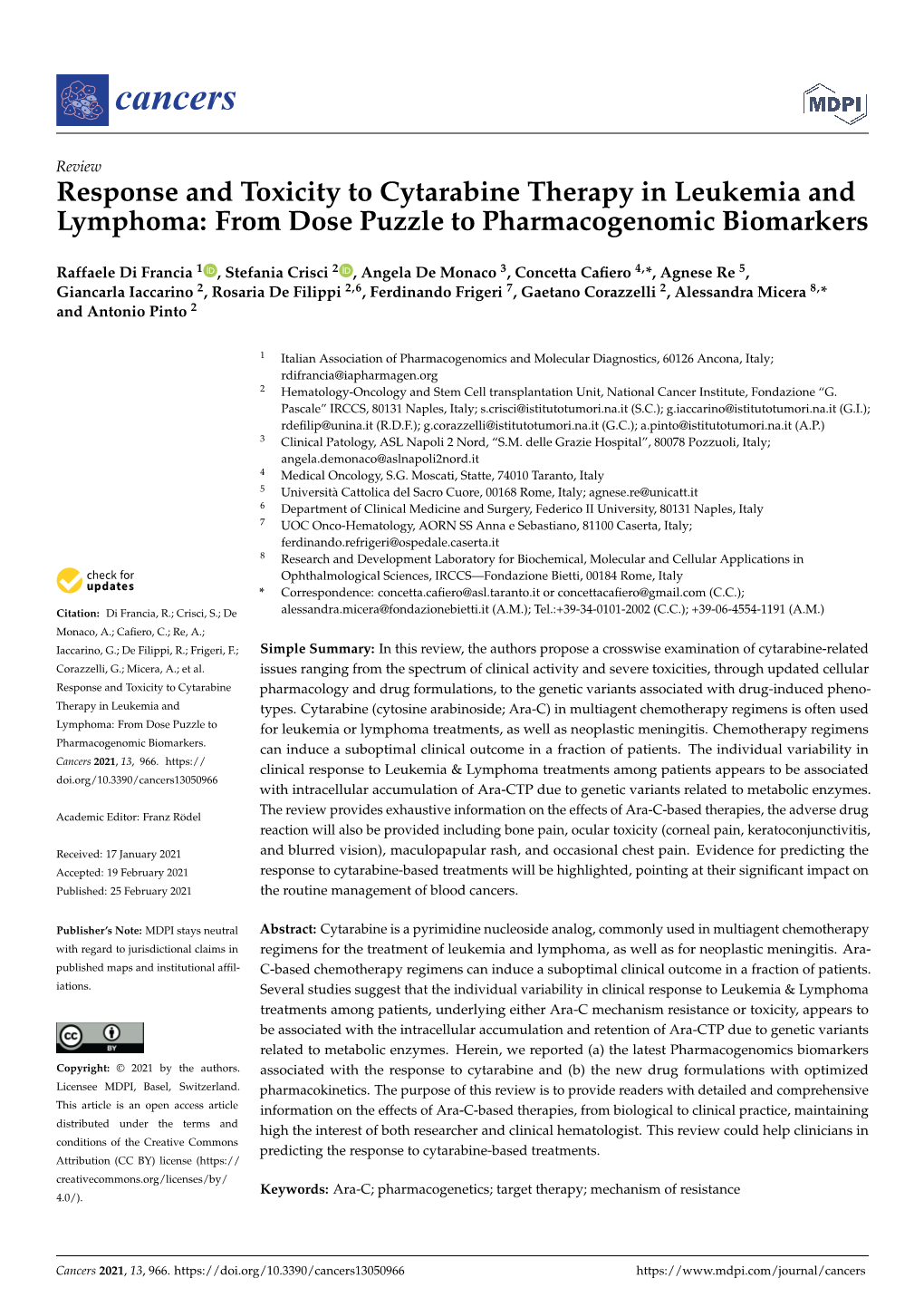 Response and Toxicity to Cytarabine Therapy in Leukemia and Lymphoma: from Dose Puzzle to Pharmacogenomic Biomarkers