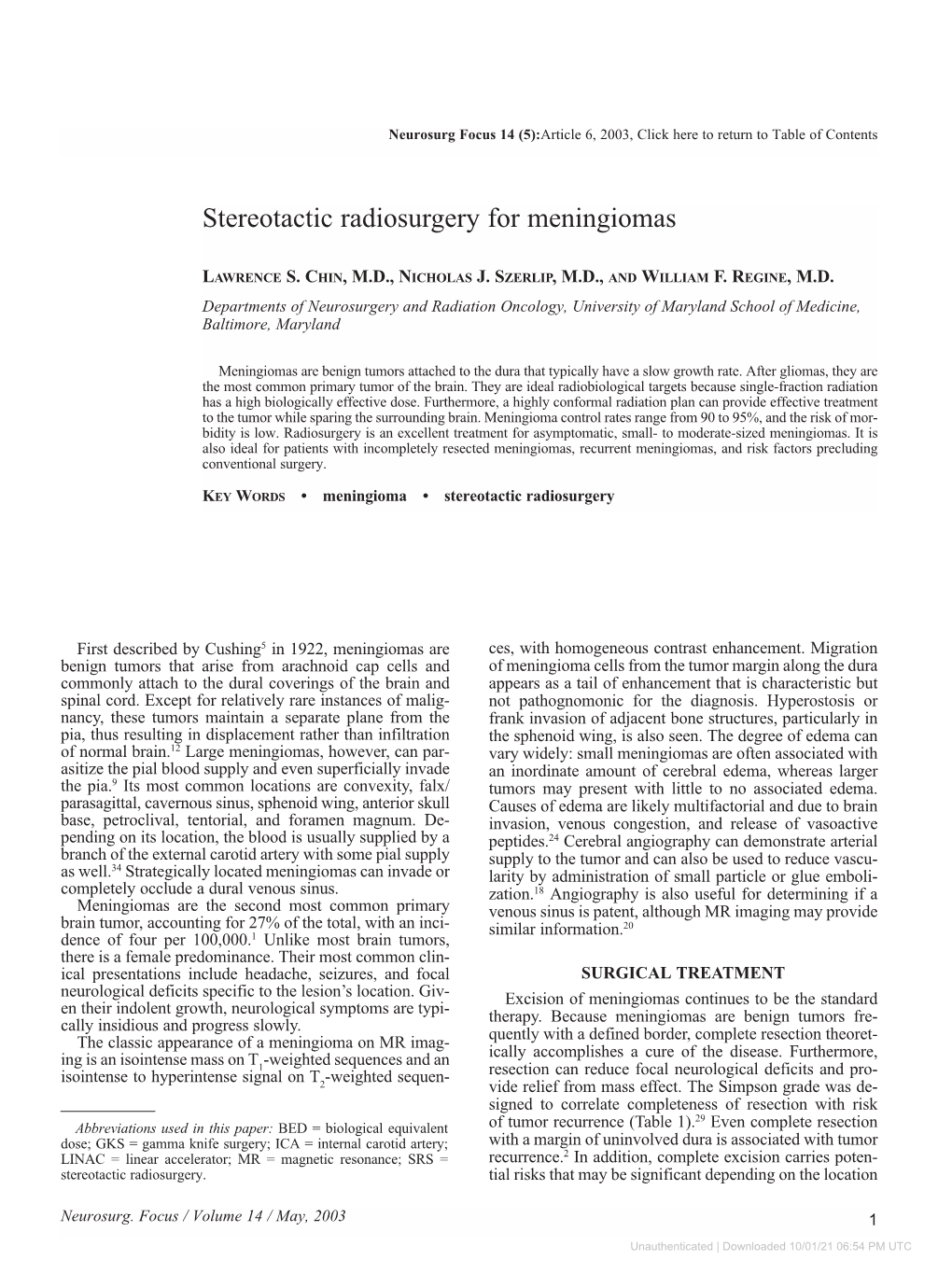 Stereotactic Radiosurgery for Meningiomas