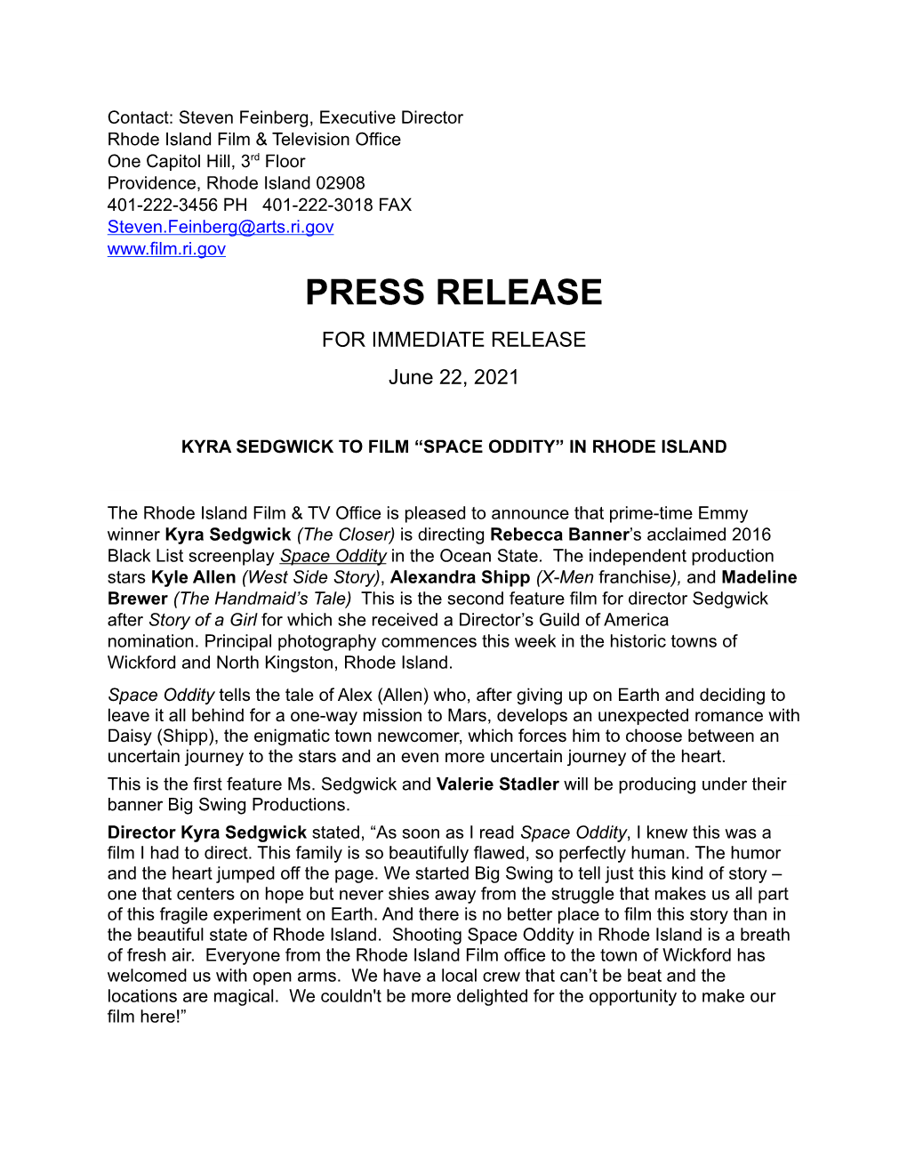 PRESS RELEASE for IMMEDIATE RELEASE June 22, 2021