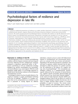 Psychobiological Factors of Resilience and Depression in Late Life Kelsey T