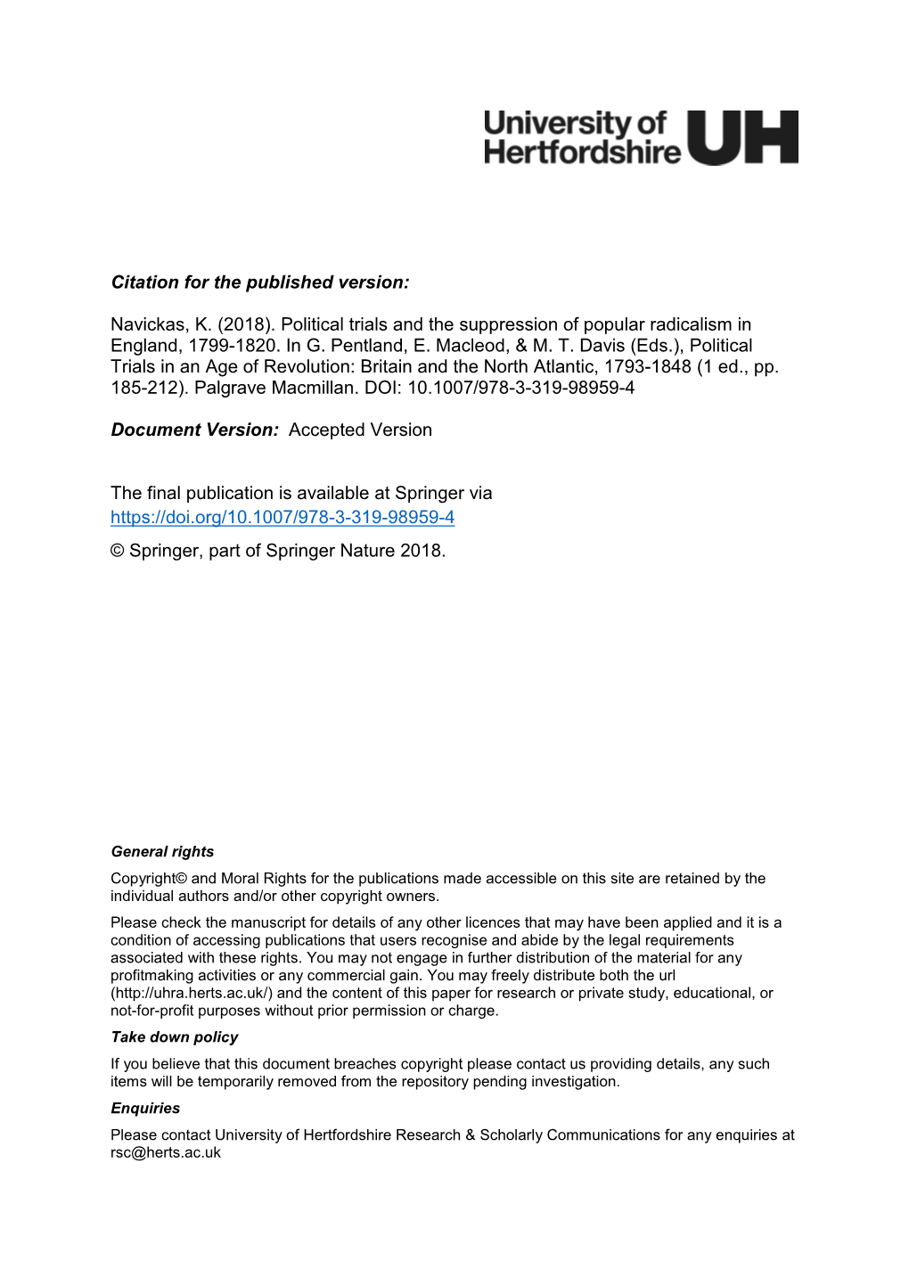 Political Trials and the Suppression of Popular Radicalism in England, 1799-1820