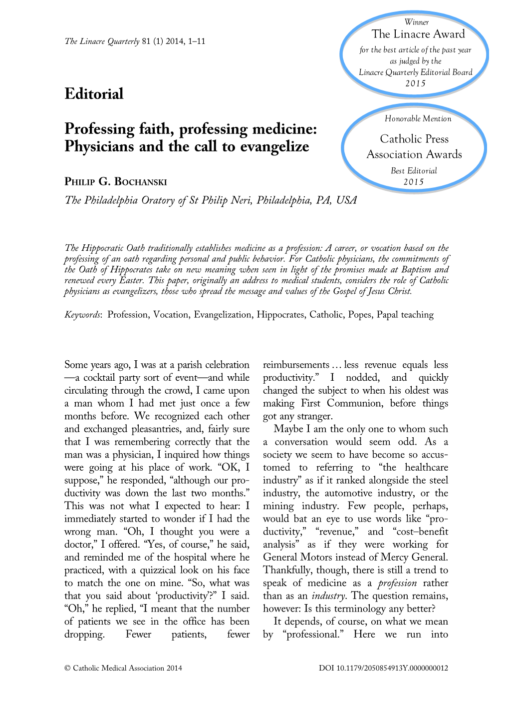 Editorial Professing Faith, Professing Medicine