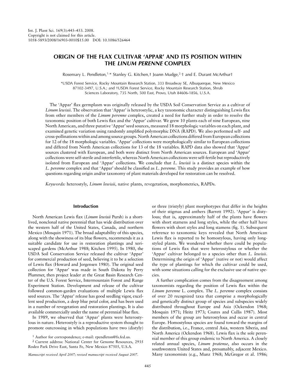 Origin of the Flax Cultuvar 'Appar' and Its Position Within the Linum