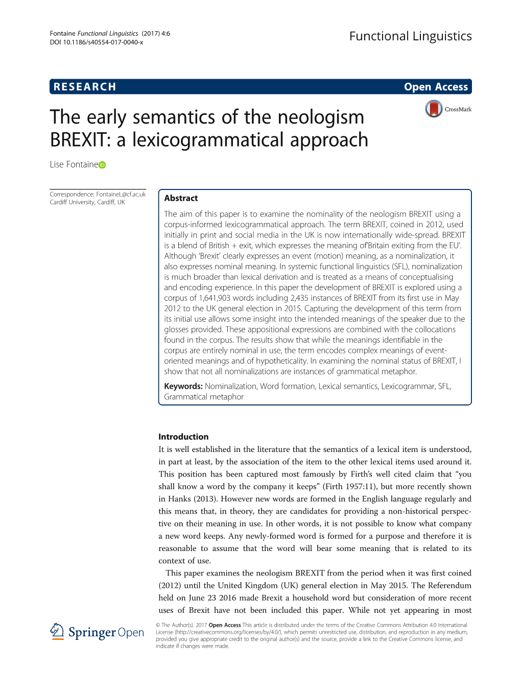 The Early Semantics of the Neologism BREXIT: a Lexicogrammatical Approach Lise Fontaine