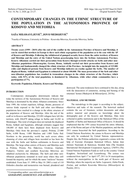 Contemporary Changes in the Ethnic Structure of the Population in the Autonomous Province of Kosovo and Metohija