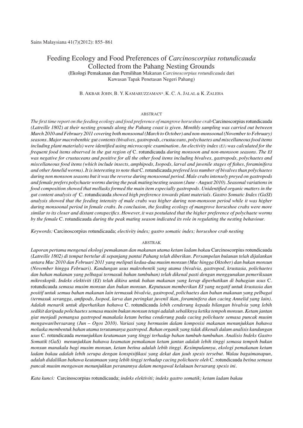 Feeding Ecology and Food Preferences of Carcinoscorpius Rotundicauda Collected from the Pahang Nesting Grounds