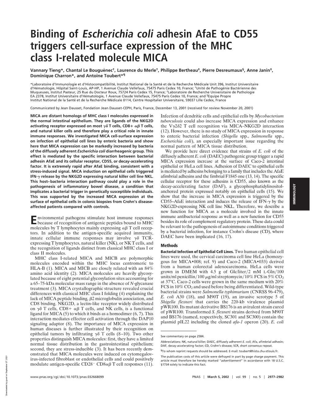 Binding of Escherichia Coli Adhesin Afae to CD55 Triggers Cell-Surface Expression of the MHC Class I-Related Molecule MICA