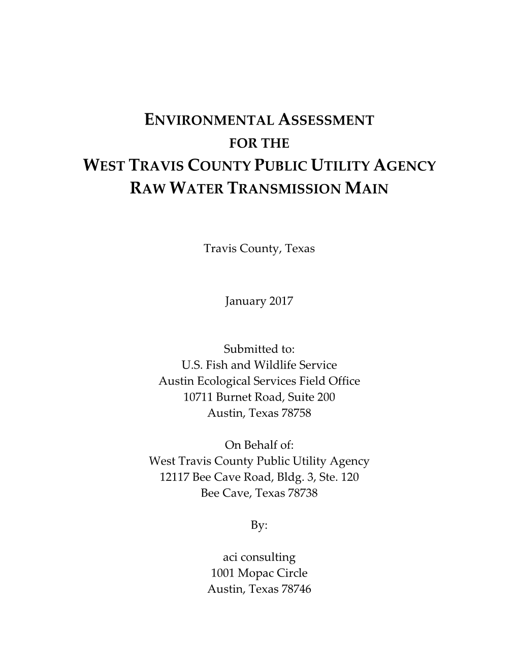 Environmental Assessment for the West Travis County Public Utility Agency Raw Water Transmission Main