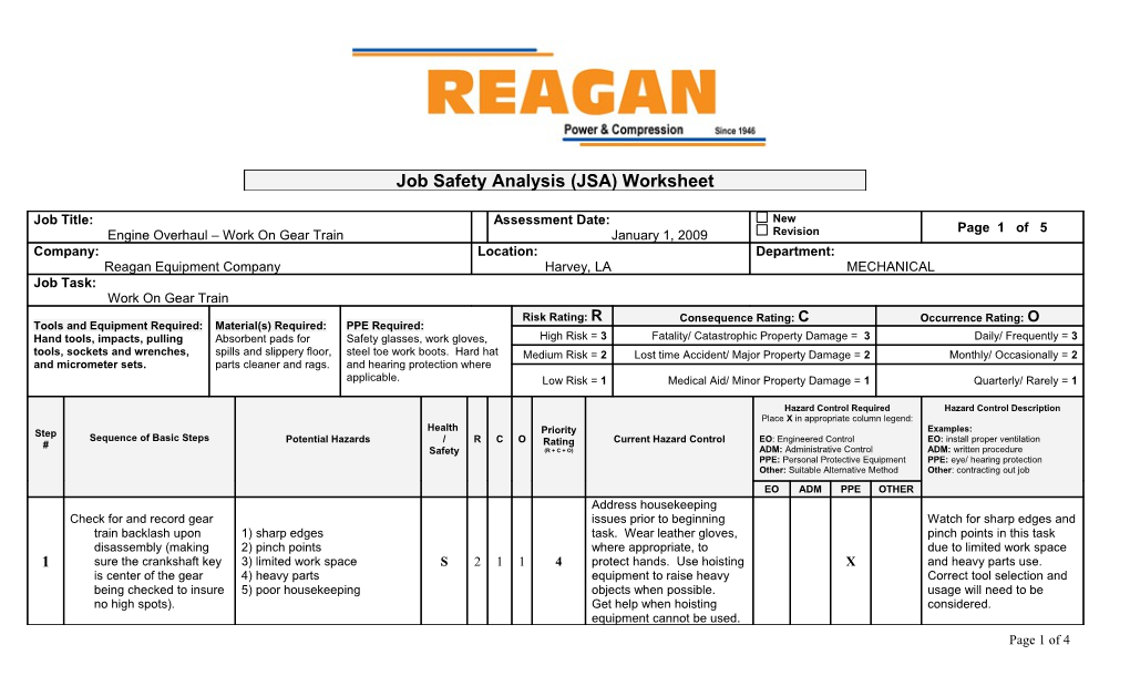 Hazard Assessment and Analysis (HAA) Worksheet