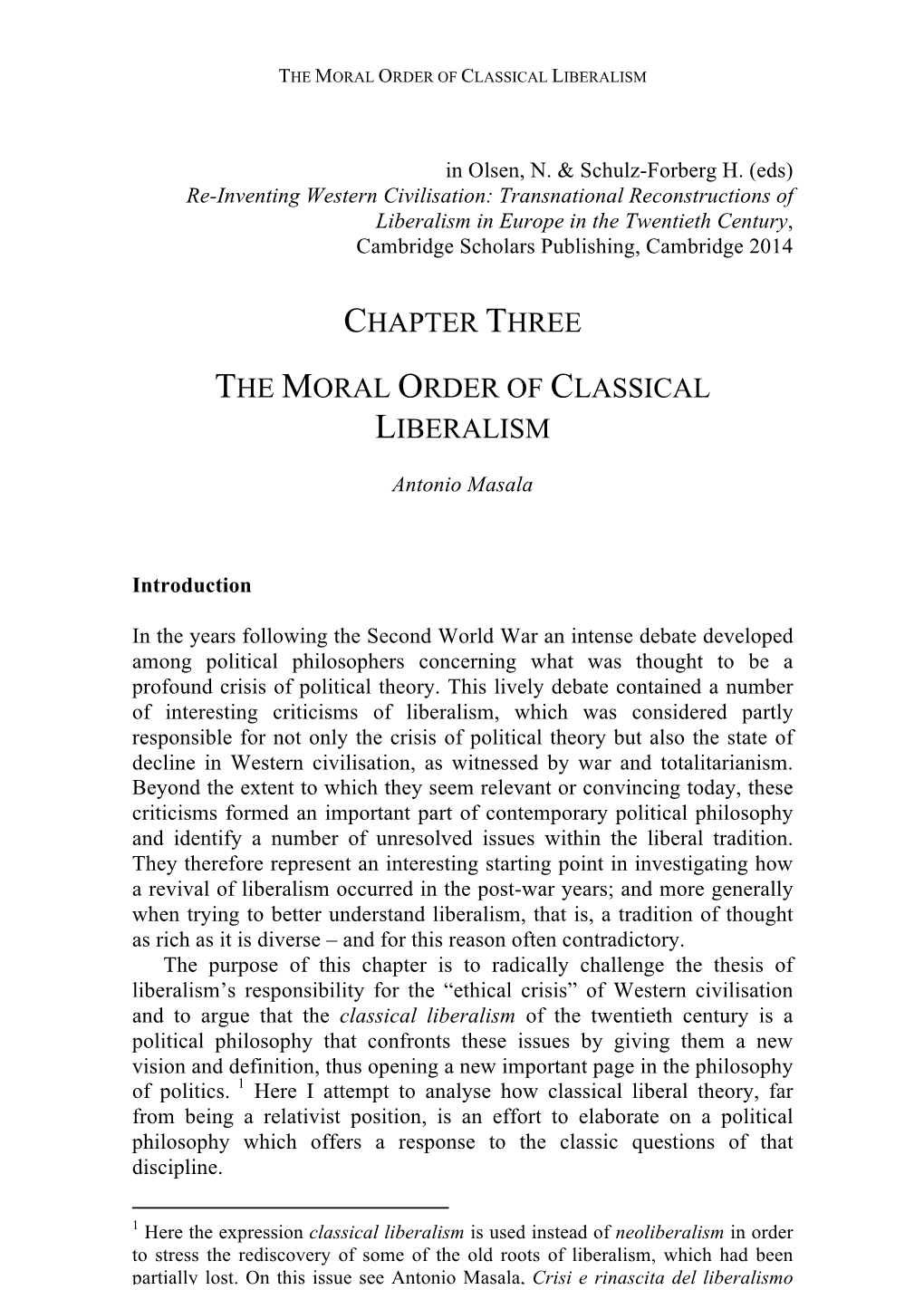 Chapter Three the Moral Order of Classical Liberalism