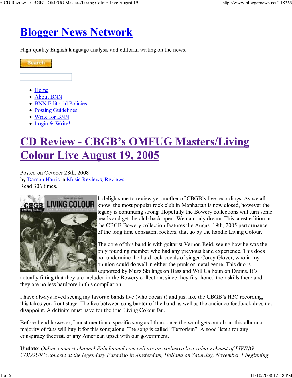 CD Review - CBGB’S OMFUG Masters/Living Colour Live August 19