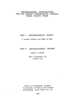 Archaeological Investigations for the Canyon Hydroelectric Project, Comal County, Texas