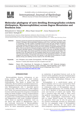 Molecular Phylogeny of Cave Dwelling &lt;I