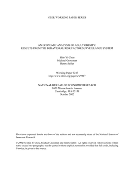 Nber Working Paper Series an Economic Analysis of Adult