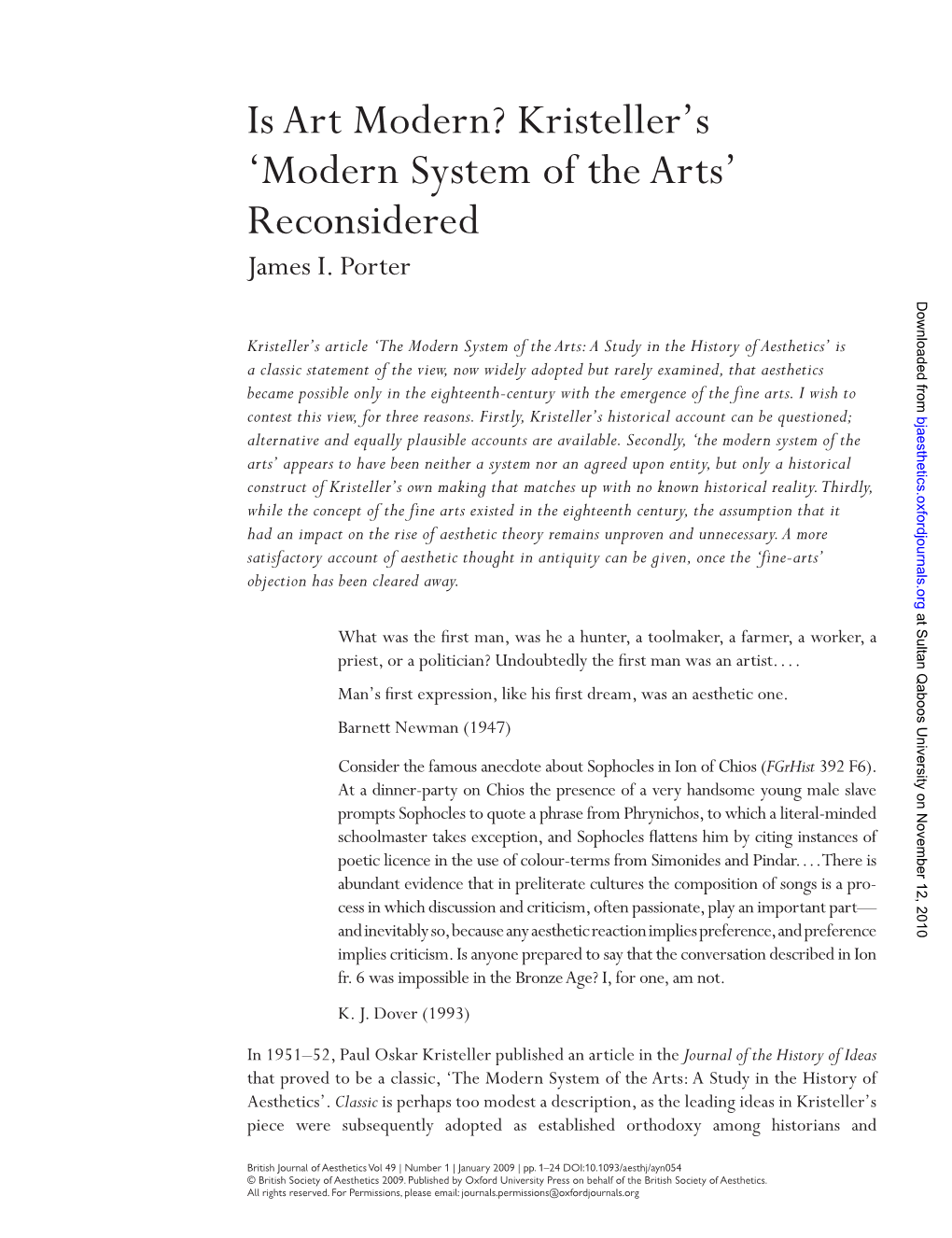 Is Art Modern? Kristeller's ' Modern System of the Arts ' Reconsidered