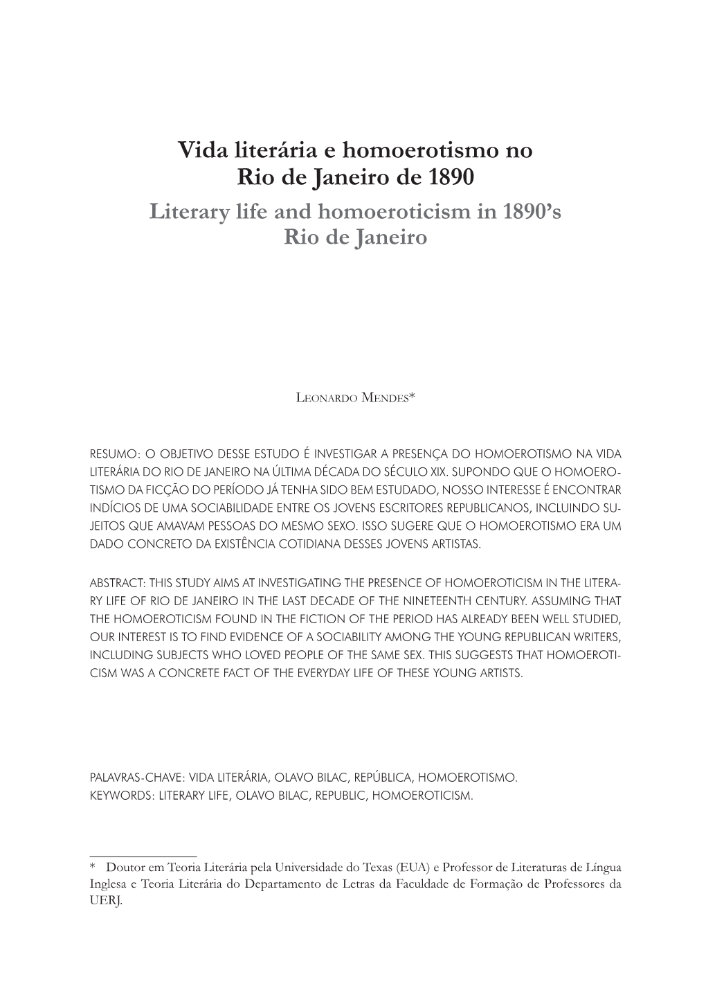 Vida Literária E Homoerotismo No Rio De Janeiro De 1890 Literary Life and Homoeroticism in 1890’S Rio De Janeiro