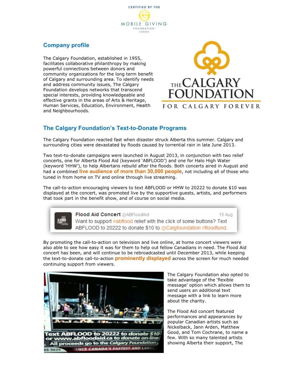 Company Profile the Calgary Foundation's Text-To-Donate