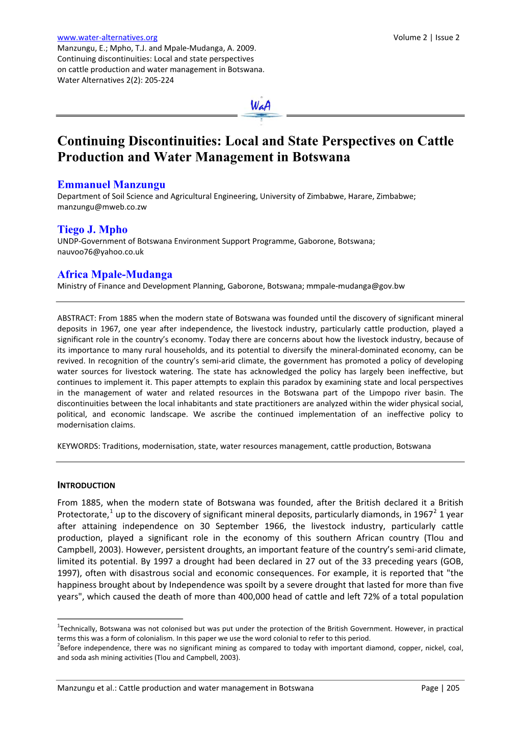 Local and State Perspectives on Cattle Production and Water Management in Botswana