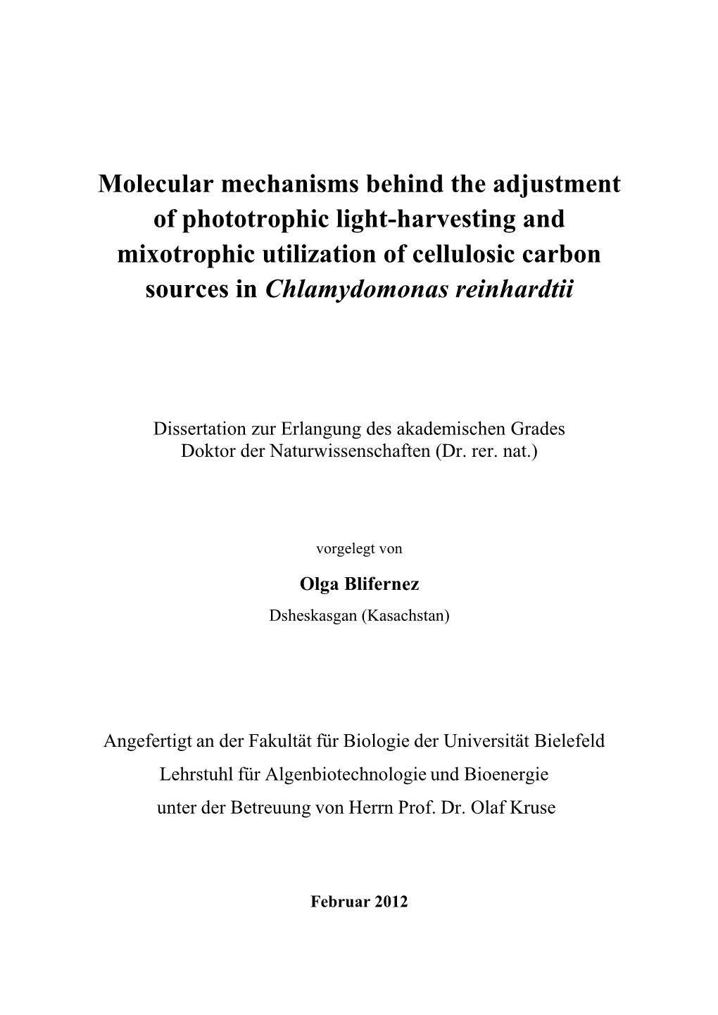 Molecular Mechanisms Behind the Adjustment of Phototrophic Light-Harvesting and Mixotrophic Utilization of Cellulosic Carbon Sources in Chlamydomonas Reinhardtii