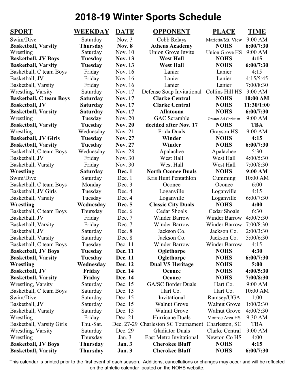 2018-19 Winter Sports Schedule SPORT WEEKDAY DATE OPPONENT PLACE TIME Swim/Dive Saturday Nov