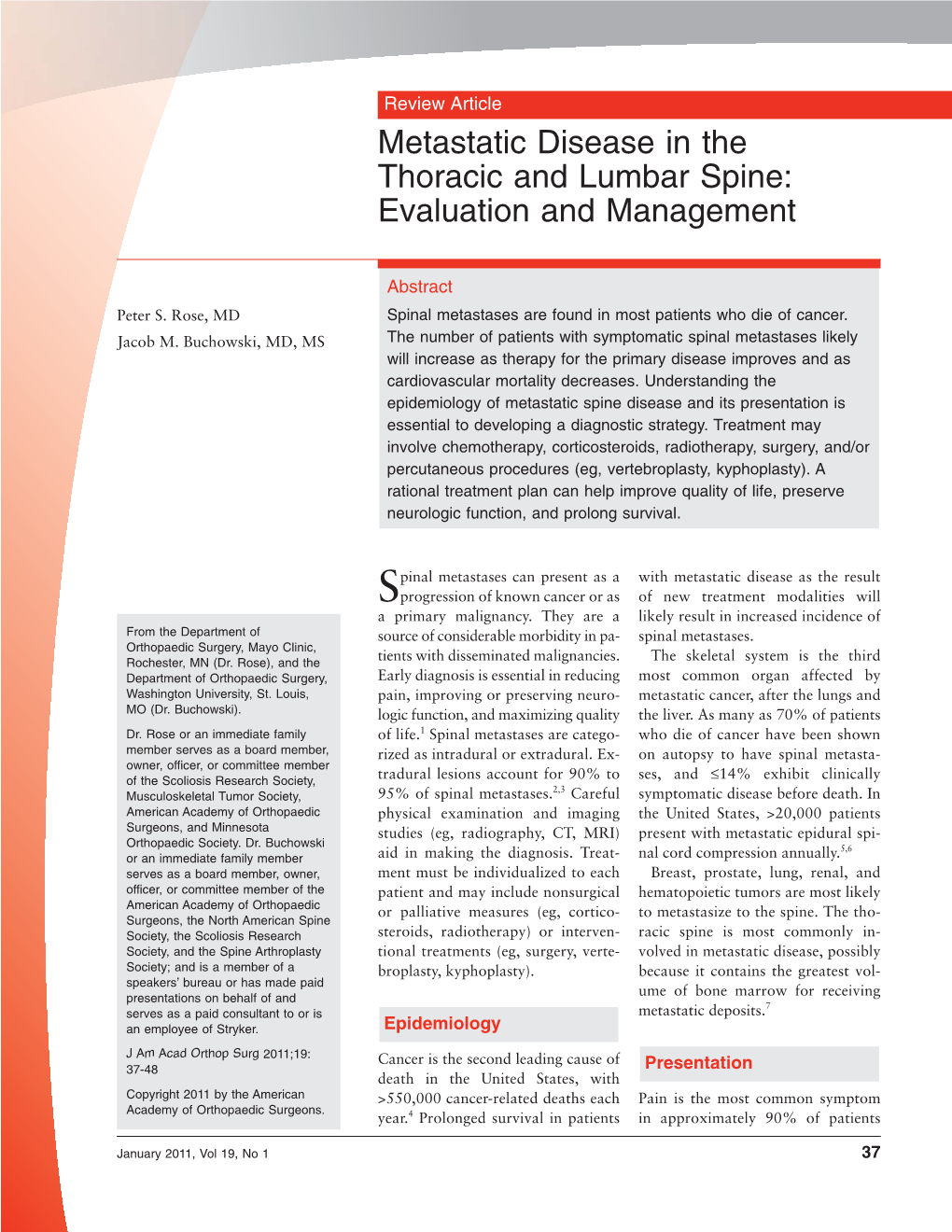 Metastatic Disease in the Thoracic and Lumbar Spine: Evaluation and Management