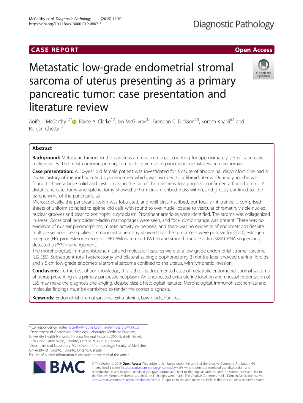 Metastatic Low-Grade Endometrial Stromal Sarcoma of Uterus Presenting As a Primary Pancreatic Tumor: Case Presentation and Literature Review Aoife J