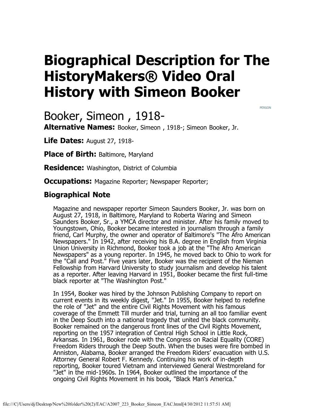 Biographical Description for the Historymakers® Video Oral History with Simeon Booker