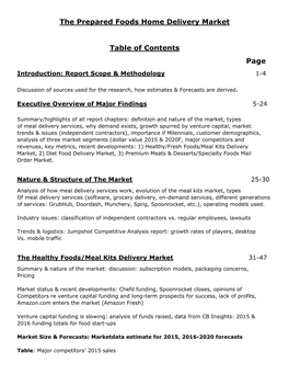 The Prepared Foods Home Delivery Market Table of Contents Page