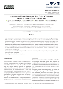 Assesment of Some Udder and Teat Traits of Honamlı Goats in Terms of Dairy Characters Aykut Asım AKBAŞ1* , Özkan ELMAZ1, Mehmet SARI2, Mustafa SAATCI3